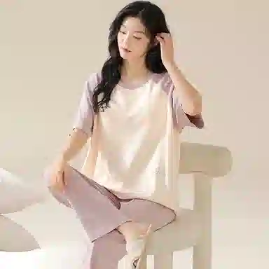 欧迪芬 圆领套头舒适短袖松紧长裤睡衣套装 女款 杏色