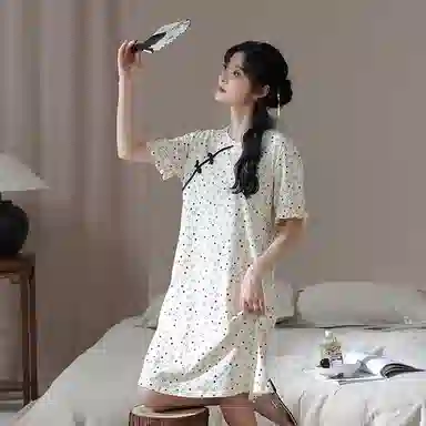 欧迪芬 国风复古睡裙夏季纯棉带胸垫中长款宽松家居服睡衣套装 女款