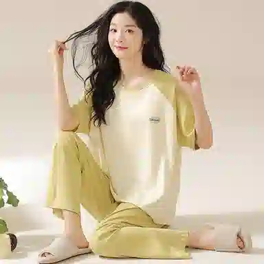 欧迪芬 纯棉自带胸垫圆领套头舒适短袖松紧长裤睡衣套装 女款 黄色