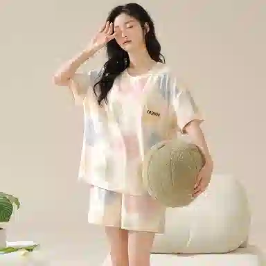 欧迪芬 纯棉圆领自带胸垫短袖松紧腰短裤睡衣套装 女款 杏色