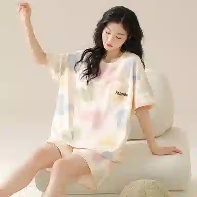 欧迪芬 纯棉圆领自带胸垫短袖松紧腰短裤睡衣套装 女款 杏色