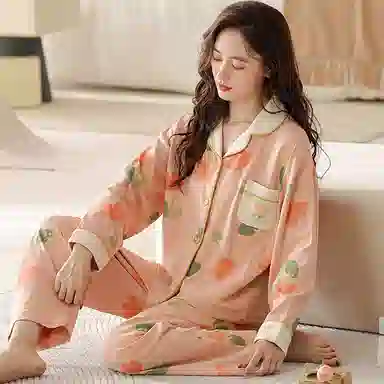 欧迪芬 休闲花朵图案翻领单排扣长袖上衣长裤睡衣套装 女款 橙色