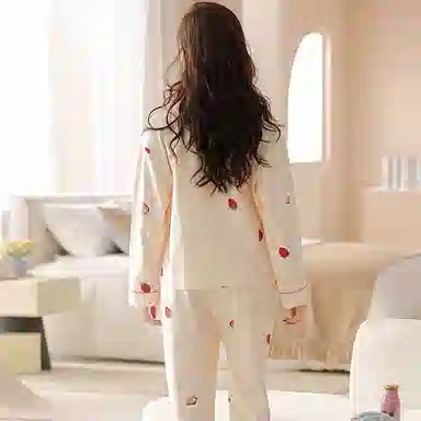 欧迪芬 草莓印花舒适透气单排扣长袖上衣松紧腰直筒长裤睡衣套装 女款 杏色