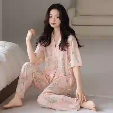 欧迪芬 柔软亲肤小清新五分袖长裤小翻领睡衣套装 女款