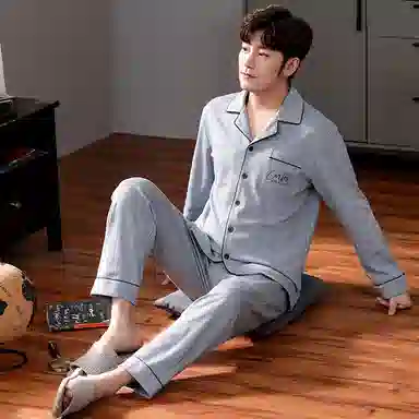 欧迪芬 家居格子图案开衫翻领长袖长裤睡衣套装 男款 天蓝色