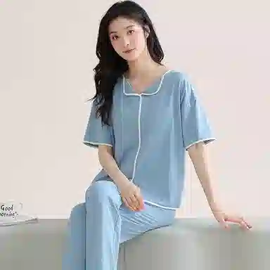 欧迪芬 莫代尔凉感带胸垫透气套头短袖纯色休闲长裤可外穿睡衣套装 女款