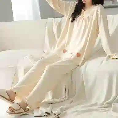 欧迪芬 纯棉秋冬四季款舒适透气柔软亲肤简约开衫翻领吸湿排汗青春可爱带杯垫可外穿家居服套装 女款