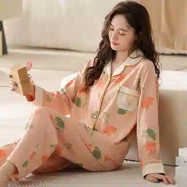 欧迪芬 休闲花朵图案翻领单排扣长袖上衣长裤睡衣套装 女款 橙色