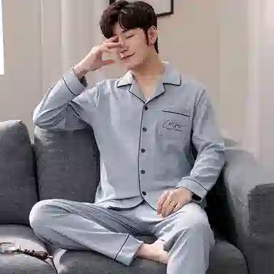 欧迪芬 家居格子图案开衫翻领长袖长裤睡衣套装 男款 天蓝色