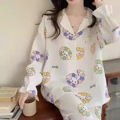 欧迪芬 亲肤柔软舒适透气绉布长袖开衫翻领可爱印花甜美长裤睡衣套装 女款 白色