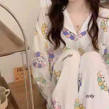 欧迪芬 亲肤柔软舒适透气绉布长袖开衫翻领可爱印花甜美长裤睡衣套装 女款 白色