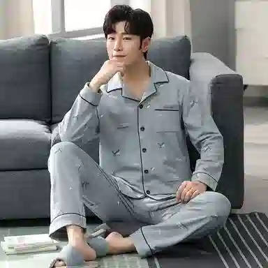 欧迪芬 简约字母印花单排扣长袖上衣松紧腰休闲长裤睡衣套装 男款 蓝色