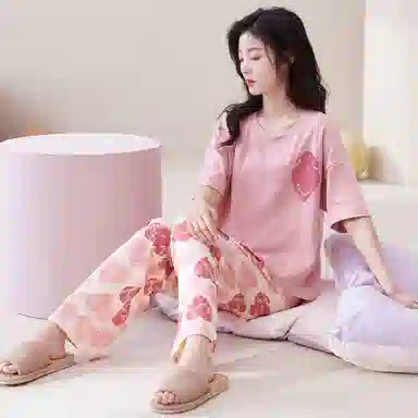 欧迪芬 纯棉亲肤柔软舒适短袖透气长裤睡衣套装 女款 粉色