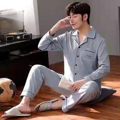 欧迪芬 家居格子图案开衫翻领长袖长裤睡衣套装 男款 天蓝色