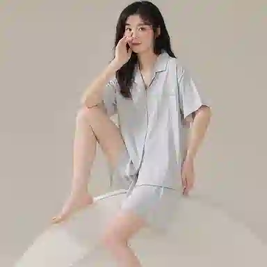 欧迪芬 短袖开衫翻领纯色简约透气睡衣套装 男女同款 灰色