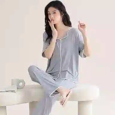 欧迪芬 莫代尔凉感带胸垫透气套头短袖纯色休闲长裤可外穿睡衣套装 女款