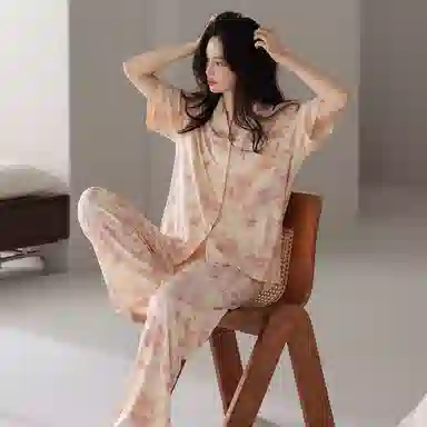 欧迪芬 柔软亲肤小清新五分袖长裤小翻领睡衣套装 女款