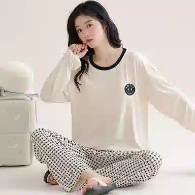 欧迪芬 笑脸印花圆领套头长袖长裤睡衣套装 女款 白色