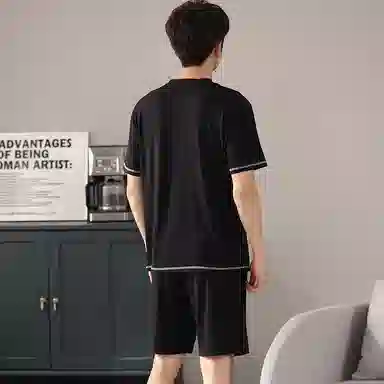 欧迪芬 凉感亲肤舒适透气短袖纯色字母简约休闲可外穿三分裤睡衣套装 男款 黑色