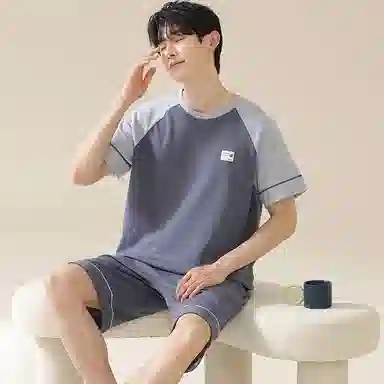 欧迪芬 撞色圆领插肩短袖上衣松紧腰短裤睡衣套装 男款 石板灰
