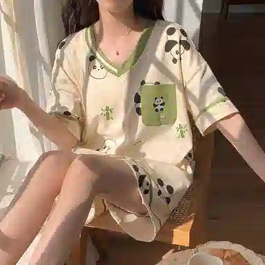 欧迪芬 亲肤柔软带胸垫短袖短裤透气舒适可爱小熊猫睡衣套装 女款 杏色