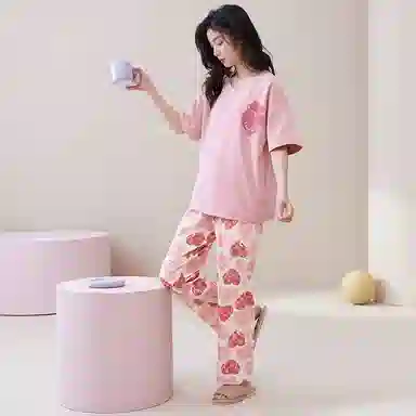 欧迪芬 纯棉亲肤柔软舒适短袖透气长裤睡衣套装 女款 粉色