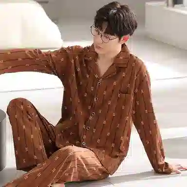 欧迪芬 长袖开衫翻领字母印花图案舒适透气睡衣套装 男款 橙色