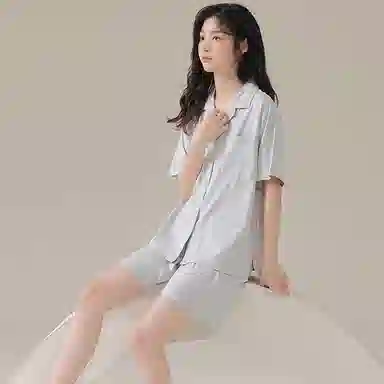 欧迪芬 短袖开衫翻领纯色简约透气睡衣套装 男女同款 灰色