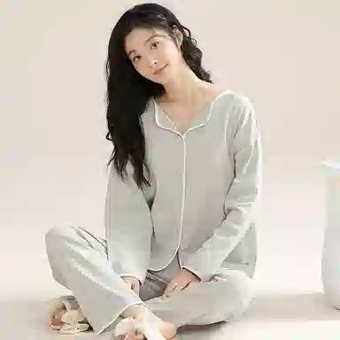 欧迪芬 纯棉翻领纯色舒适透气睡衣套装 女款 绿色