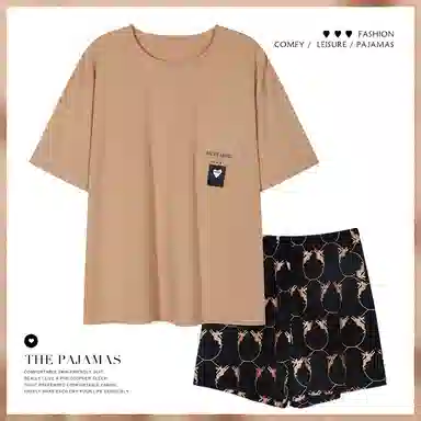 欧迪芬 纯棉圆领亲肤柔软不起球条纹碎花小清新居家舒适可外穿家居服夏季睡衣套装 女款