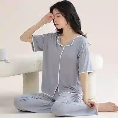 欧迪芬 莫代尔凉感带胸垫透气套头短袖纯色休闲长裤可外穿睡衣套装 女款