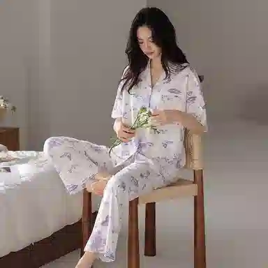 欧迪芬 柔软亲肤小清新五分袖长裤小翻领睡衣套装 女款