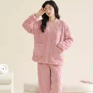 欧迪芬 纯色开衫长袖柔软保暖舒适简约长裤睡衣套装 女款 粉色