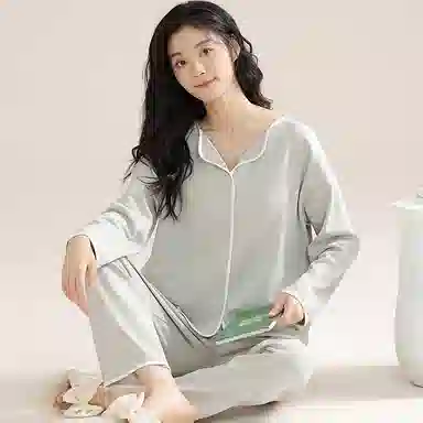 欧迪芬 纯棉翻领纯色舒适透气睡衣套装 女款 绿色