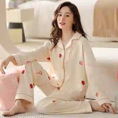 欧迪芬 草莓印花舒适透气单排扣长袖上衣松紧腰直筒长裤睡衣套装 女款 杏色
