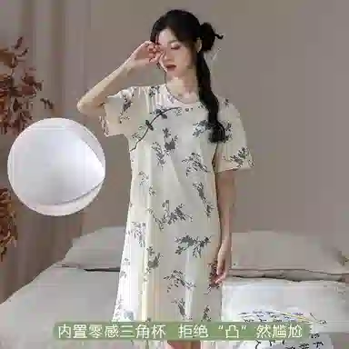 欧迪芬 国风复古睡裙夏季纯棉带胸垫中长款宽松家居服睡衣套装 女款