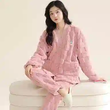 欧迪芬 纯色开衫长袖柔软保暖舒适简约长裤睡衣套装 女款 粉色