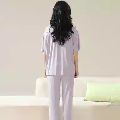 欧迪芬 莫代尔凉感透气亲肤舒适翻领开衫短袖休闲纯色简约风睡衣套装 女款 紫色