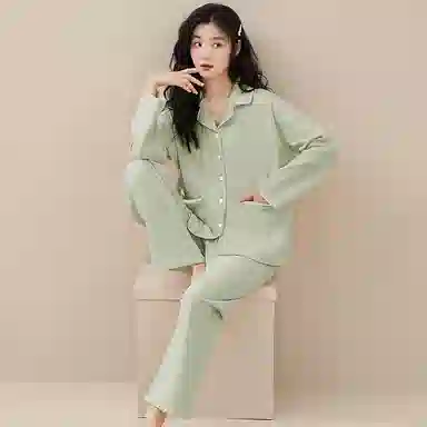 欧迪芬 撞色翻领口袋上衣纯色透气裤子睡衣套装 女款 淡青色