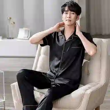 欧迪芬 宽松翻领纯色休闲短袖长裤可外穿睡衣套装 男款 黑色