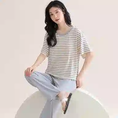 欧迪芬 莫代尔凉感带胸垫透气套头短袖纯色休闲长裤可外穿睡衣套装 女款