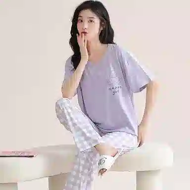 欧迪芬 莫代尔凉感带胸垫透气套头短袖纯色休闲长裤可外穿睡衣套装 女款
