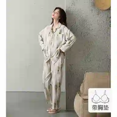欧迪芬 亲肤柔软透气舒适带胸垫泼墨可外穿家居服睡衣套装 女款 绿色晕染