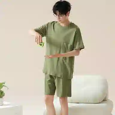 欧迪芬 可外穿可居家柔软亲肤休闲宽松短袖五分裤睡衣套装 男款