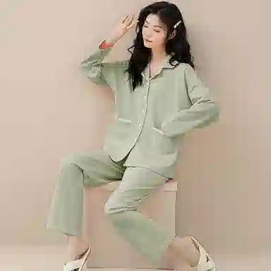 欧迪芬 撞色翻领口袋上衣纯色透气裤子睡衣套装 女款 淡青色