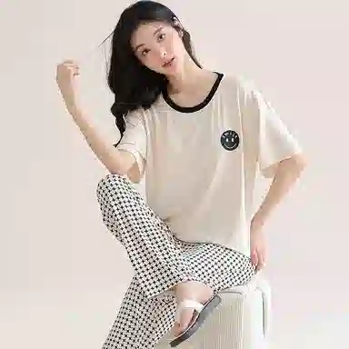 欧迪芬 莫代尔凉感带胸垫透气套头短袖纯色休闲长裤可外穿睡衣套装 女款