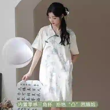 欧迪芬 国风复古睡裙夏季纯棉带胸垫中长款宽松家居服睡衣套装 女款