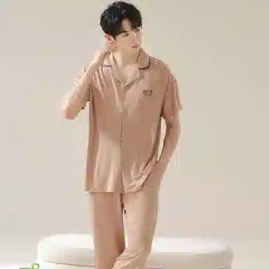 欧迪芬 印花简约翻领短袖上衣纯色凉感透气长裤睡衣套装 男款 棕色白
