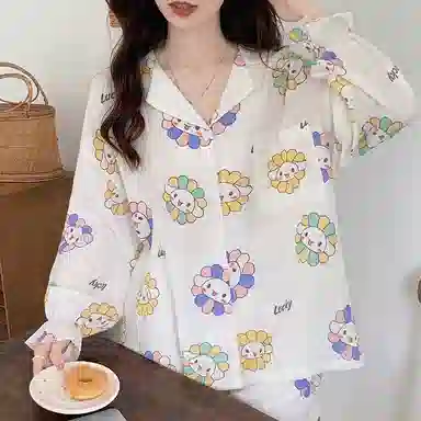 欧迪芬 亲肤柔软舒适透气绉布长袖开衫翻领可爱印花甜美长裤睡衣套装 女款 白色