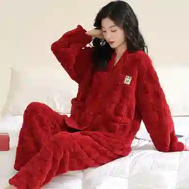 欧迪芬 纯色开衫长袖柔软保暖舒适简约长裤睡衣套装 女款 粉色